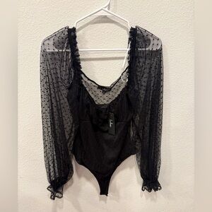 Lulus - Large - NWT Black Sheer Mesh Long Sleeve Bodysuit – Polka Dot,